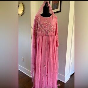 Elegant Pink Embroidered Dress with Veil